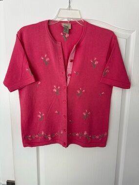 Vintage Teddi Hot Pink Short-Sleeve Button Cardigan with Floral Embroidery